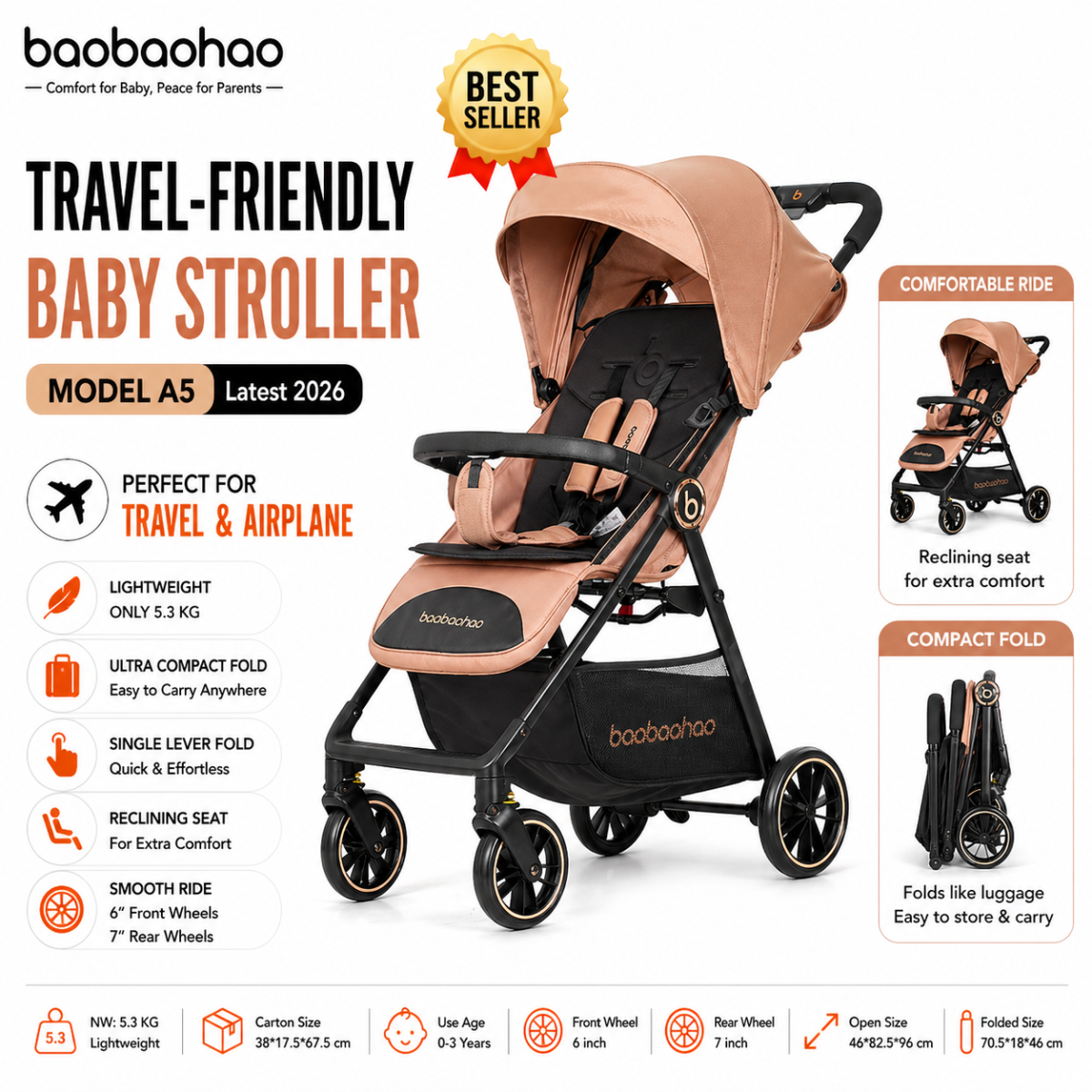 Baobaohao A5 Ultra-Compact Lightweight Foldable Travel Baby Stroller |